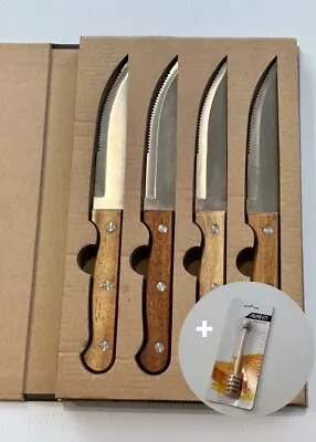 Maverick Acacia 4 Steak Knife Set Stainless Steel + Free Avanti Honey Dipper!! • $20