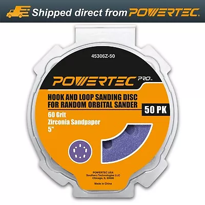 POWERTEC 5-Inch Hook And Loop Sanding Disc 60 Grit Zirconia Sandpaper 50 PK • $24.99