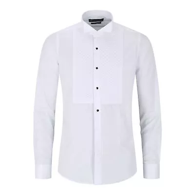 Mens Wing Collar White Shirt Pleated Tuxedo Double Cuff Slim Fit Satin Cotton • £38.49