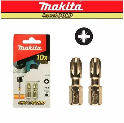 MAKITA Pozi PZ3 Impact Screwdriver Bits X2 Gold Extreme Torsion Driver Bit 25mm • £6.49