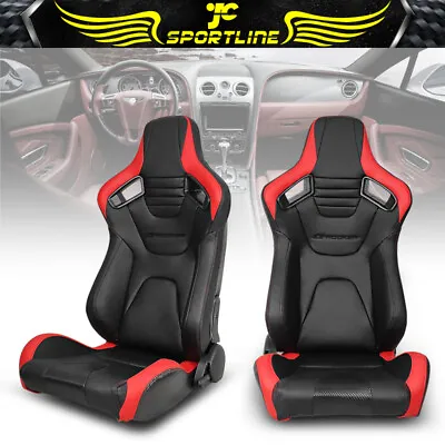 Universal Pair Reclinable Racing Seat + Dual Slider PU Carbon Leather Red Stripe • $349.99