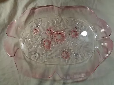 Mikasa Crystal Glass Oval Serving Platter Rosella 16  Clear Pink Frosted Flowers • $20