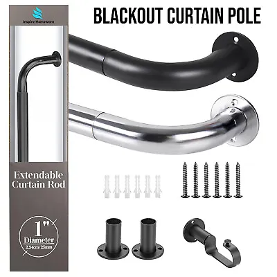 Blackout Extendable Metal Curtain Pole Room Darkening Rod With Rings & Fittings • £18.89
