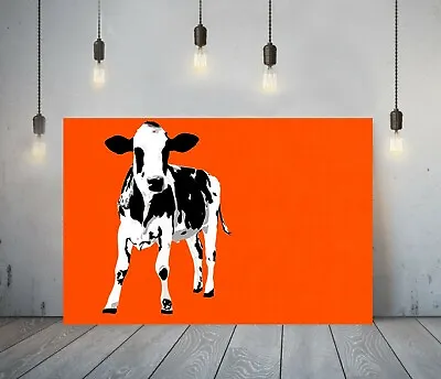 Pop Art Cow 2- Deep Framed Canvas Kitchen Wall Art Picture Print-  Animal Orange • £9.99