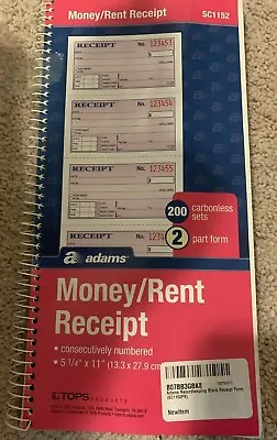 Two-Part Money/Rent Receipt Book  200 Ct 11  X 5.5  Adams Business Forms SC1152 • $9.75