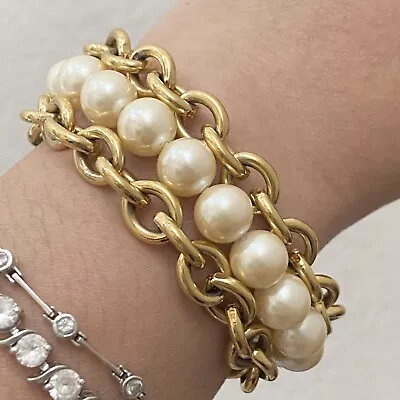 Rare Vintage MONET Signed Goldplated Faux Pearl & Chain Chunky  Bracelet 71.9g • $49.98