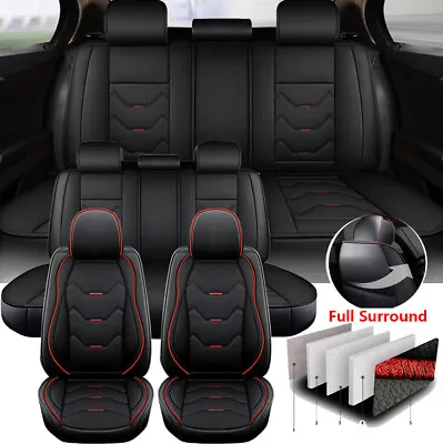$79.99 • Buy Universal Leather Car Seat Covers 5-Seats Front Rear Cushion Full Set Black&Red