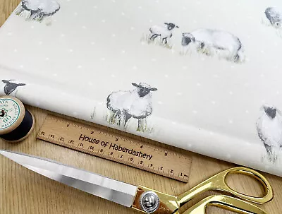 FABRIC REMNANT - Natural Sheep & Spot Print Cotton Canvas Fabric - 0.5m Length • £6.50