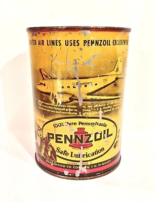 Vintage 1940's Pennzoil 1 Quart Advertising Motor Oil Can W/ Airplane And Owls • $125
