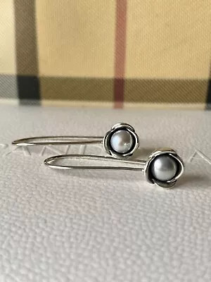 Pandora Sterling Silver My Wish Pearl Pandora Grey Pearl Drop Earrings RARE • £95