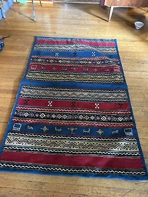 Vintage Southwestern Wool Woven Wall Hanging Area Rug Aztec  64 X 42 Inches • $70