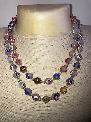 Vintage Hand Knotted Venetian Murano Millefiori Glass Bead Necklace • $45