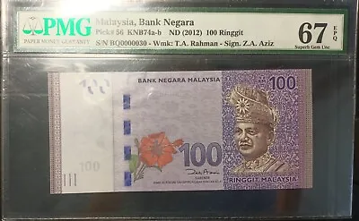 Malaysia Banknote Rm100 Pmg67epq Low Number Bq0000030 Zeti Gabenor • $128