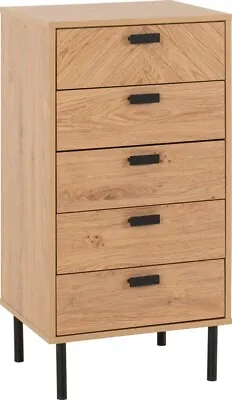 Leon 5 Drawer Narrow Chest In Medium Oak Effect • £94.99