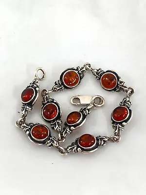 Vintage Sterling Silver Baltic Amber Oxidized Filigree Ornate 925 Link Bracelet • $36.54