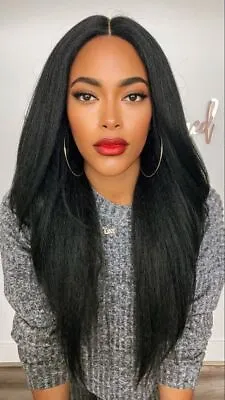Women Long Black Yaki Straight Lace Front Wigs Glueless Synthetic Heat Safe Wigs • $33.24