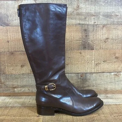 Via Spiga Sheldon Tall Riding Boots Womens Size 11 M Brown Leather Zip-up Buckle • $75.99