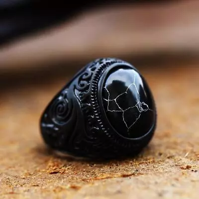 Vintage Black Agate Signet Ring Stainless Steel Men's Wedding Jewelry Biker Ring • $9.99