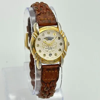 1990s Vintage Ladies LA EXPRESS Gold Tone Moon Phase Watch Brown Braided Leather • $24.99