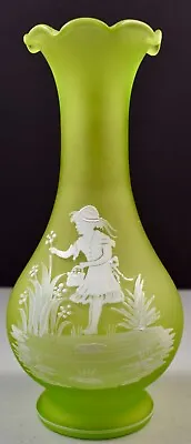 Mary Gregory Style Yellowish  Green  Vase W/ Hand Painted Girl Picking Flowers • $19.03