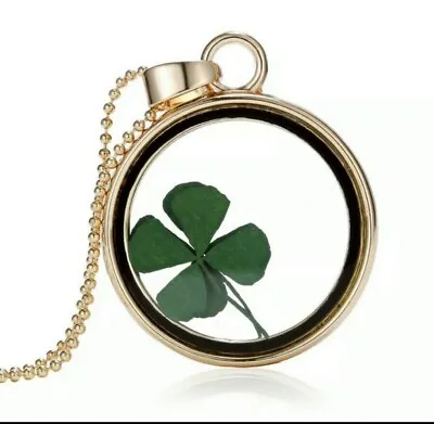 Four Leaf Clover Shamrock Real Flower Necklace Gold Plated Jewelry Lucky 791 • $7.45