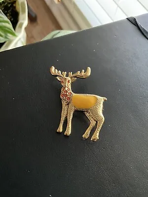 Gold Tone Moose Brooch Pin With Yellow Enamel & Red Rhinestones • $5