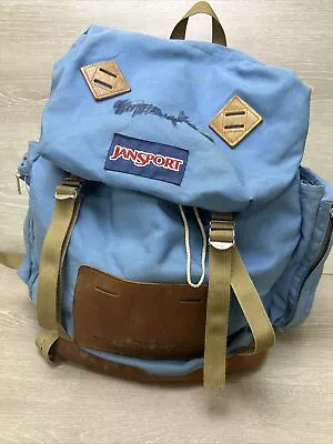 VTG Jansport Leather Bottom Backpack Day Pack USA RARE LIGHT BLUE Hiking Camping • $124.99