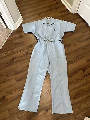 VTG 70s Short Sleeve Coveralls Zippered Belted Mechanic L Blue - New Old Stock • $59.99