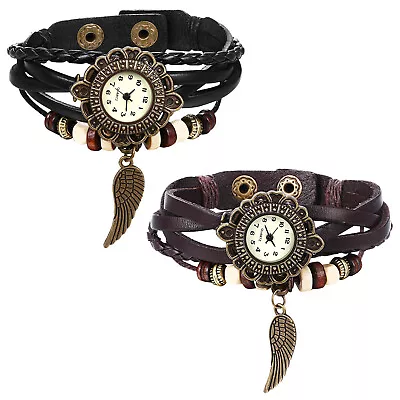 Men Women's Vintage Angel Wings Braided Leather Band Quartz Wrist Watch Bracelet • $10.44