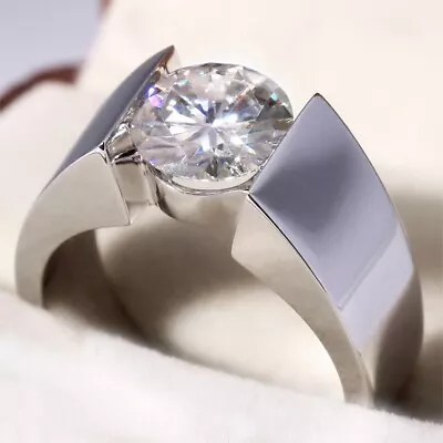 Round Cut Real Moissanite 3CT Tension Set Men's Wedding Ring 14K White Gold Over • $149.02