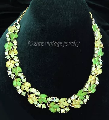 Vintage LISNER Spring Green Molded Jelly Lucite LEAVES Leaf Rhinestone NECKLACE • $59