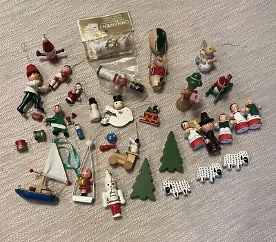 34 VTG Wood Mini Christmas Tree Ornaments/Figures Handpainted Miniatures LOT • $16