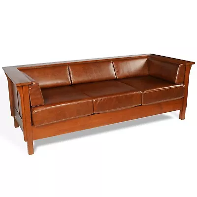 Arts And Crafts / Craftsman Cubic Panel Side Sofa - Chestnut Brown Leather • $2750