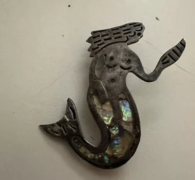 Vintage Mexico Sterling925 Taxco Mermaid Brooch Abalone/Mother Of Pearl W/Pin • $75