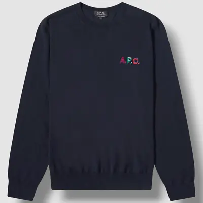 $252 A.P.C. Men's Blue Wool-Blend Embroidered Crewneck Pullover Sweater Size XL • $79.98