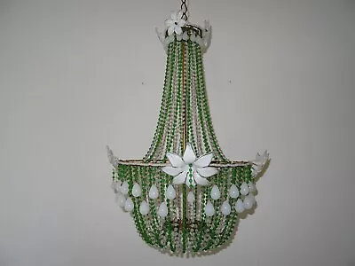 ~1930's White Opaline Huge Murano Flowers Drops Green Beads Empire Chandelier~ • £2811.46