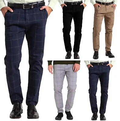 Mens Check Formal Trousers Slim Fit Cotton Vintage Smart Office Business Pants • $22.09