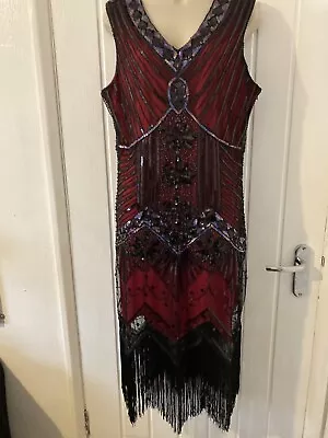 1920s Ladies Flapper Dress 18 Fringe Beads Evening Cocktail Party Preowned GC • £25.99