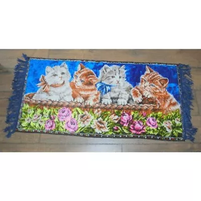 $36.99 • Buy Vtg Blue Lebanon Persian Cat Kitten Floral Tapestry Rug Wall Hanging 20” X 38 