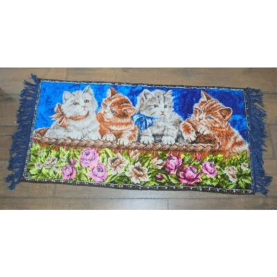 Vtg Blue Lebanon Persian Cat Kitten Floral Tapestry Rug Wall Hanging 20” X 38  • $36.99