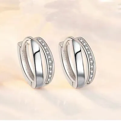 Crystal Huggie Hoop Double Layer Earrings 925 Sterling Silver Women Jewellery UK • £3.49