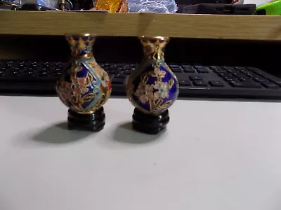 Vintage Mini Vase 2.5  Cloisonné Floral Enamel Asian Oriental Style Set Of 2 • $9.99