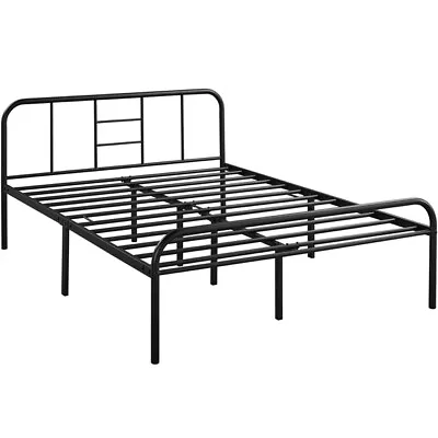 4ft6 Double Bed Strong Metal-Framed Bed With Headboard Black Iron Bed Frame • £74.99