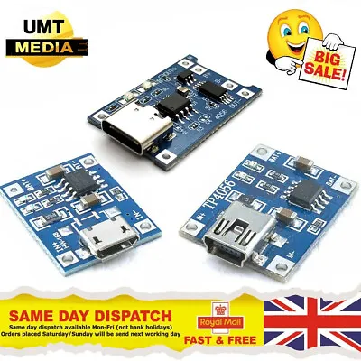 Mini Micro Or USB-C TP4056 5V USB Lithium Battery Board Charger Module Arduino • £2