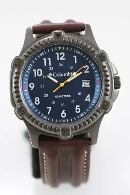 Columbia Watch Men Stainless Steel Leather Brown 100m 24hr Date Blue Quartz • $39.95