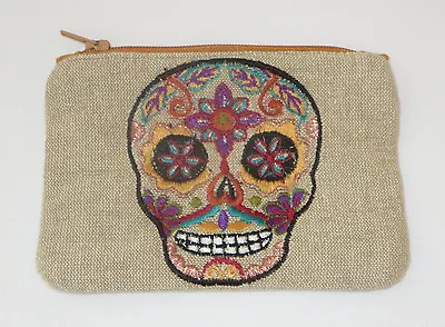 $9.99 • Buy Sugar Skull Coin Purse New Day Of The Dead Yellow Zipper Embroidered Brown 