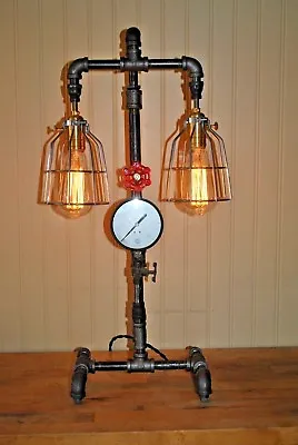 Steam Punk Lamp W/Double Lights Small Guage On/Of Valve & Cast Iron Piping  • $199.99