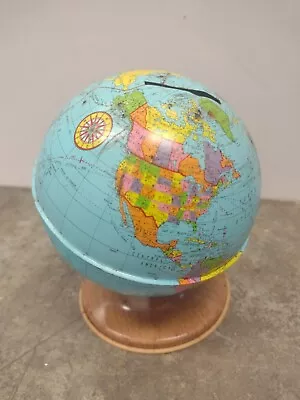 VTG Ohio Art Tin Metal Litho Earth Globe World Coin Piggy Savings Still Bank • $18.70