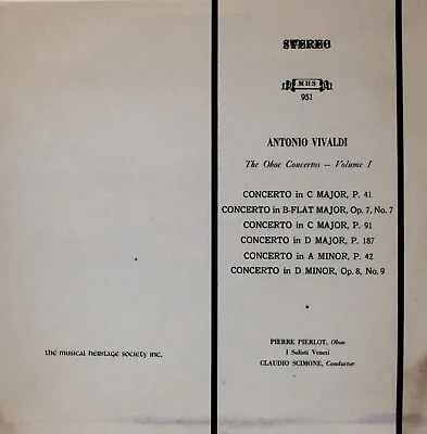 ANTONIO VIVALDI The Oboe Concertos -- Volume 1 Musical Heritage Society • $6