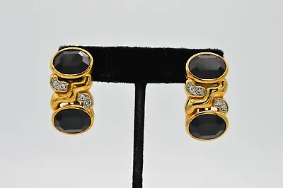 Les Bernard Vintage Clip Earrings Rhinestone Black Crystal Gold Signed 80s 9L • $49.56